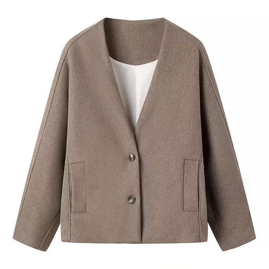 V-neck long sleeved single breasted casual woolen jacket for women