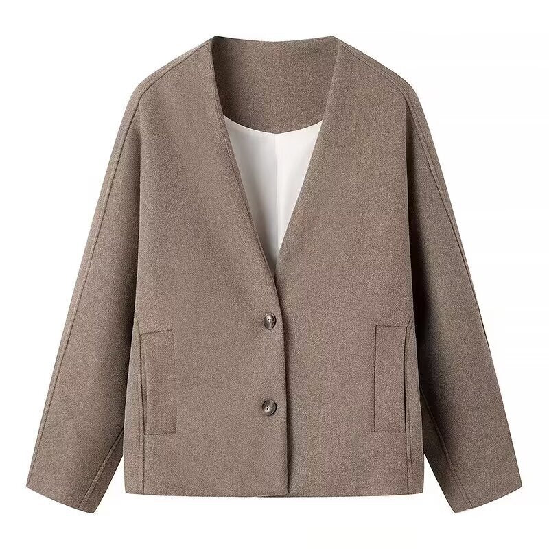 V-neck long sleeved single breasted casual woolen jacket for women