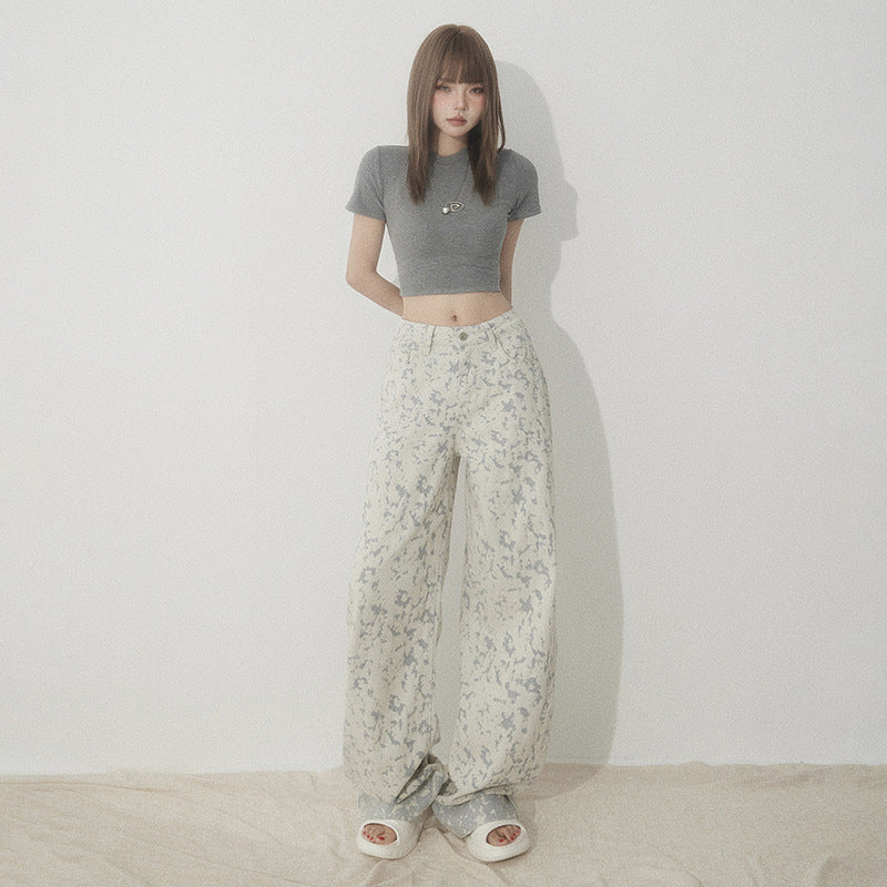 White Tie-Dye Printed Jeans for Women High Waist Loose Wide Leg Pants