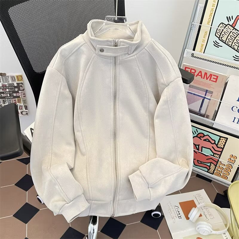 Vintage stand up collar patchwork zipper loose workwear jacket