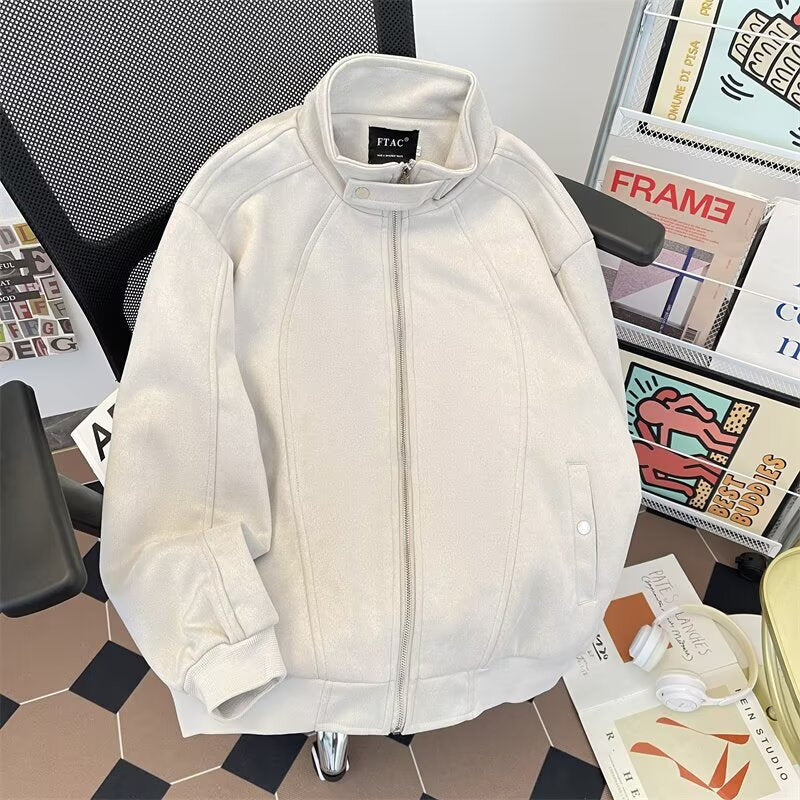 Vintage stand up collar patchwork zipper loose workwear jacket