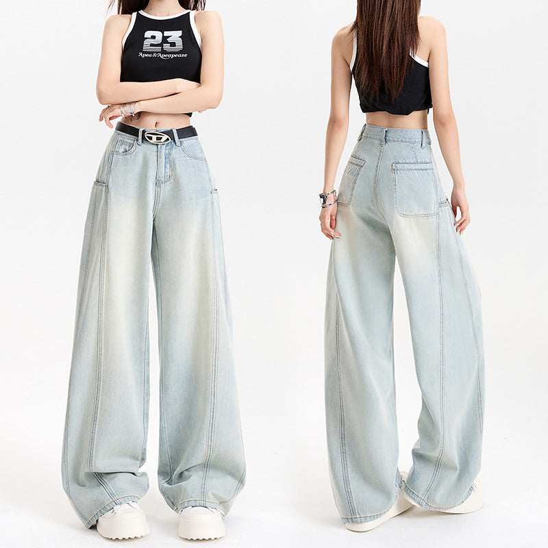 Tencel Wide-Leg Patchwork Jeans Spring Soft Skin-Friendly Drapey Knife-Edge Straight Leg Floor-Length Pants