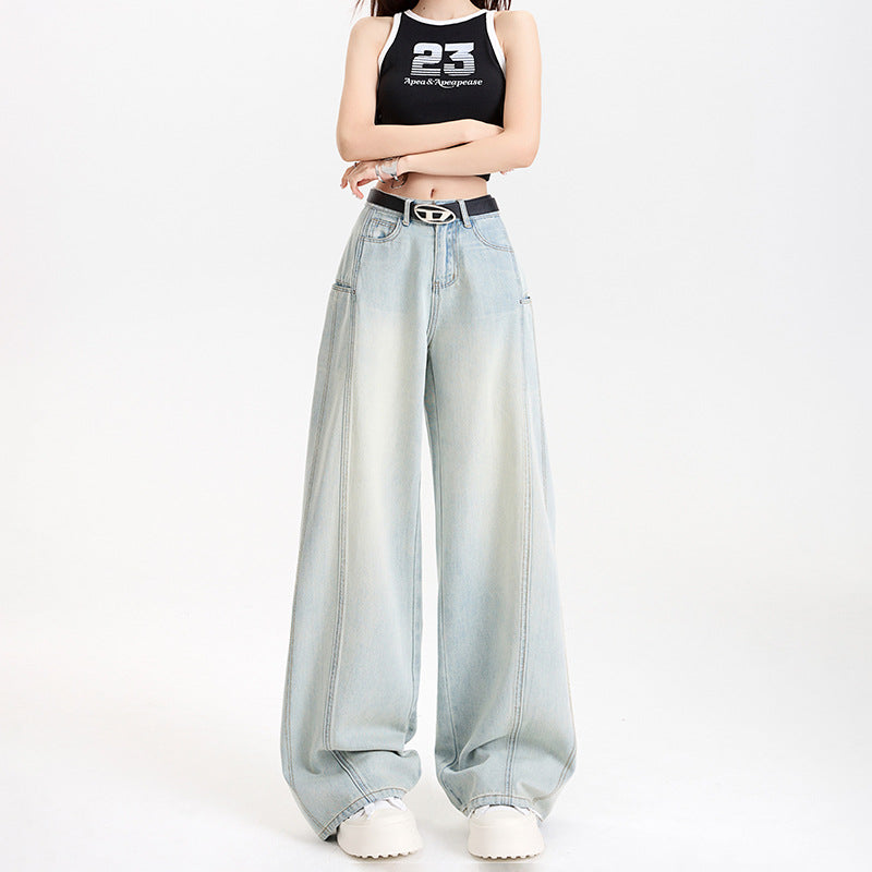 Tencel Wide-Leg Patchwork Jeans Spring Soft Skin-Friendly Drapey Knife-Edge Straight Leg Floor-Length Pants