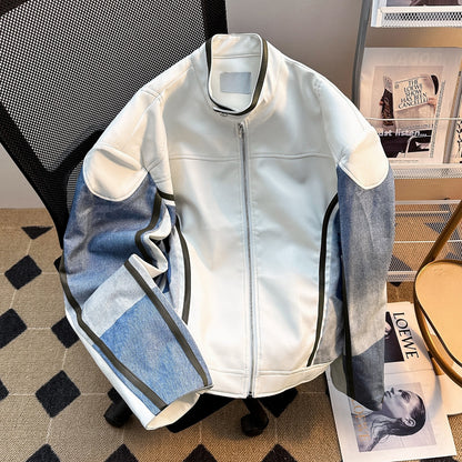 Stand up denim patchwork loose and cool jacket