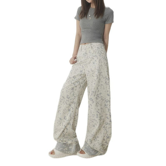 White Tie-Dye Printed Jeans for Women High Waist Loose Wide Leg Pants