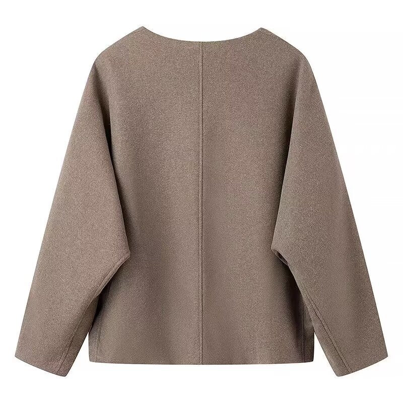 V-neck long sleeved single breasted casual woolen jacket for women