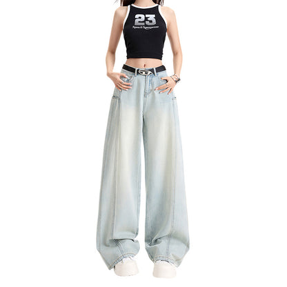Tencel Wide-Leg Patchwork Jeans Spring Soft Skin-Friendly Drapey Knife-Edge Straight Leg Floor-Length Pants
