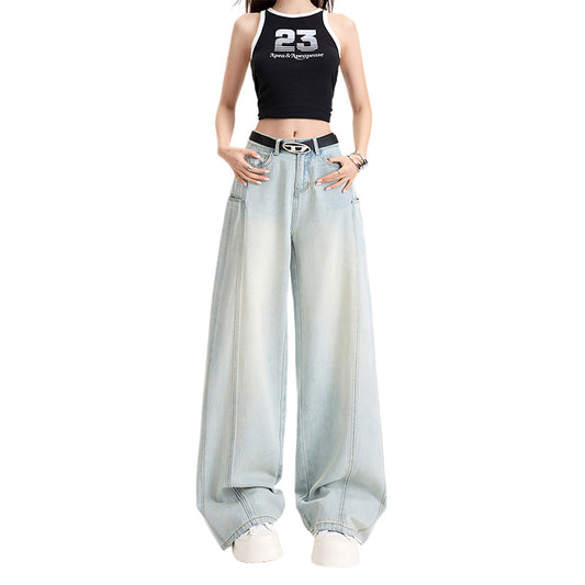 Tencel Wide-Leg Patchwork Jeans Spring Soft Skin-Friendly Drapey Knife-Edge Straight Leg Floor-Length Pants