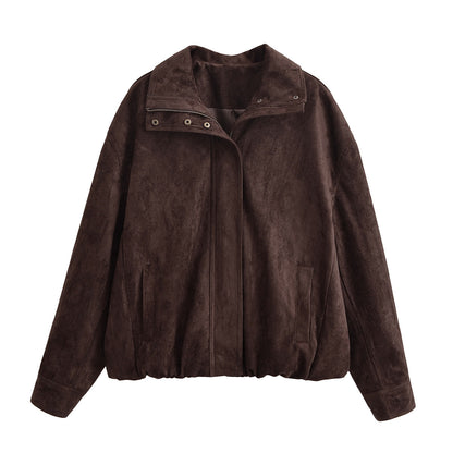 Women's collar long sleeved suede jacket