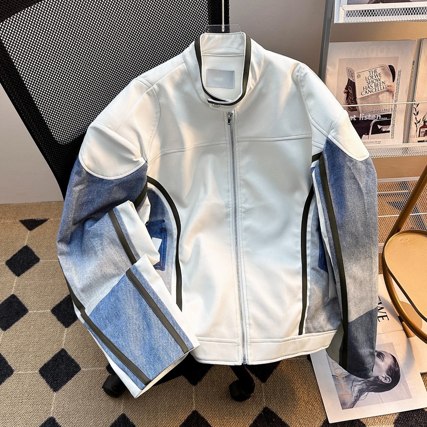 Stand up denim patchwork loose and cool jacket