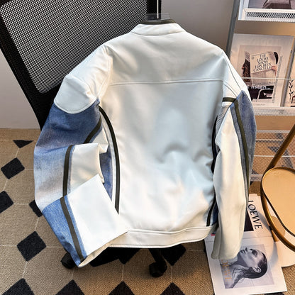 Stand up denim patchwork loose and cool jacket