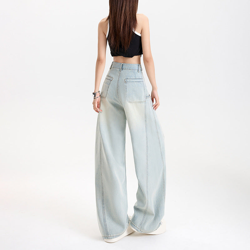 Tencel Wide-Leg Patchwork Jeans Spring Soft Skin-Friendly Drapey Knife-Edge Straight Leg Floor-Length Pants