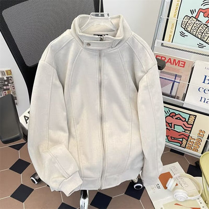 Vintage stand up collar patchwork zipper loose workwear jacket