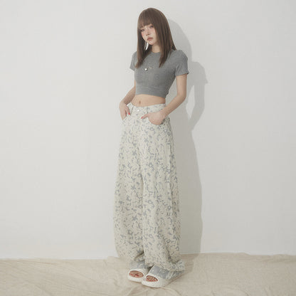 White Tie-Dye Printed Jeans for Women High Waist Loose Wide Leg Pants