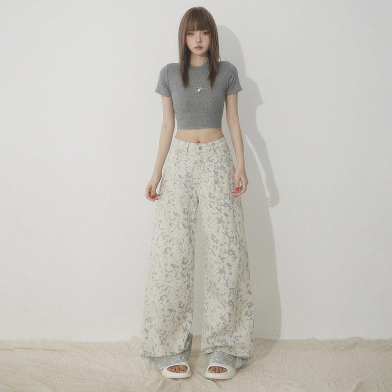 White Tie-Dye Printed Jeans for Women High Waist Loose Wide Leg Pants